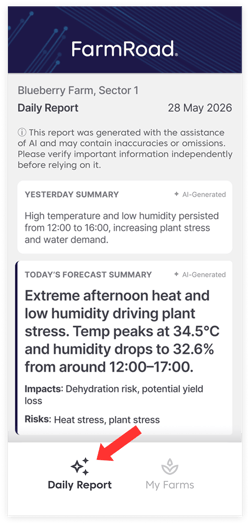 FarmRoad Agronomy Intelligence Sample Daily Report  on app